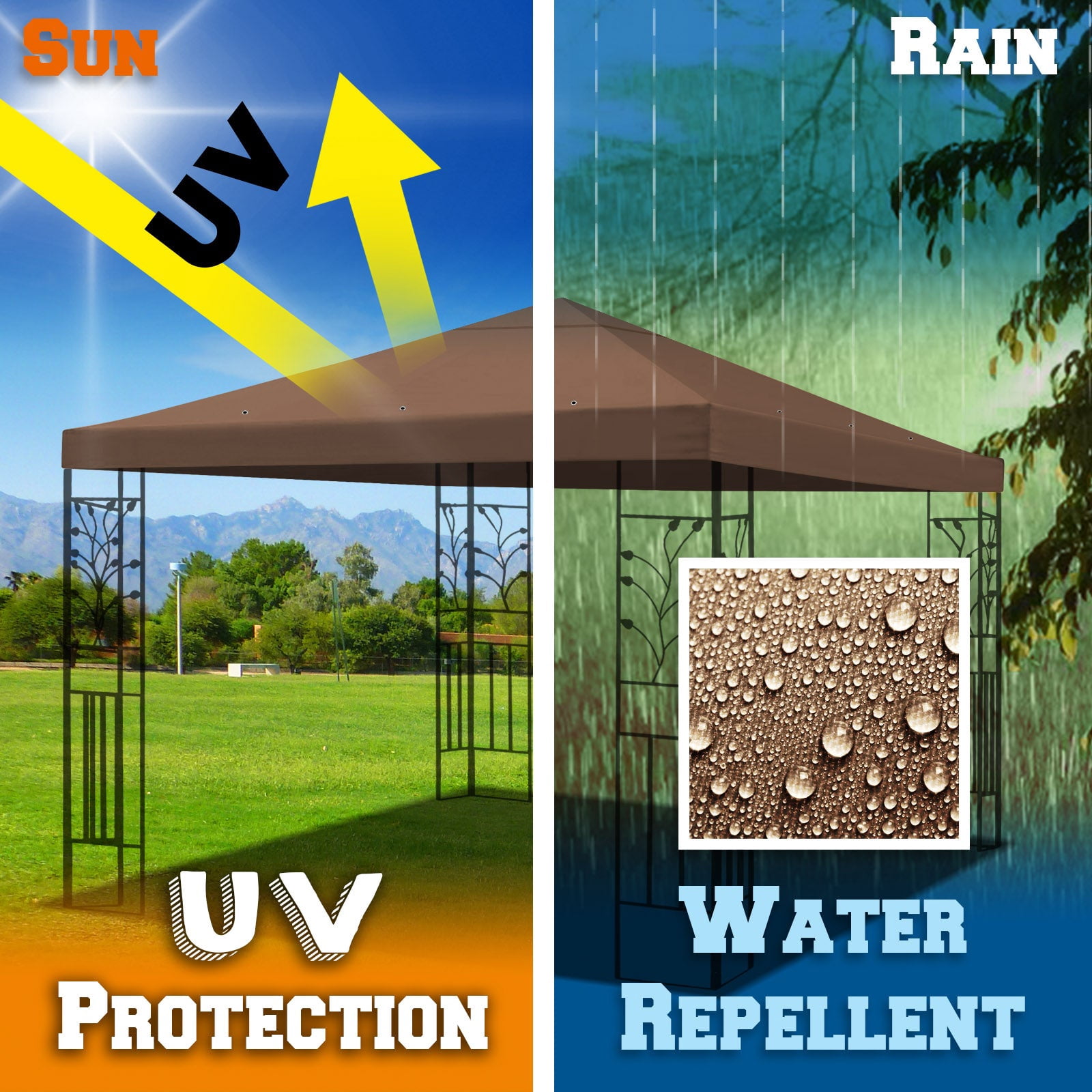 SUNRISEUMBRELLA 119“”x119” Gazebo Replacement Canopy Top Single Tier Canopy Top Cover(BROWN)