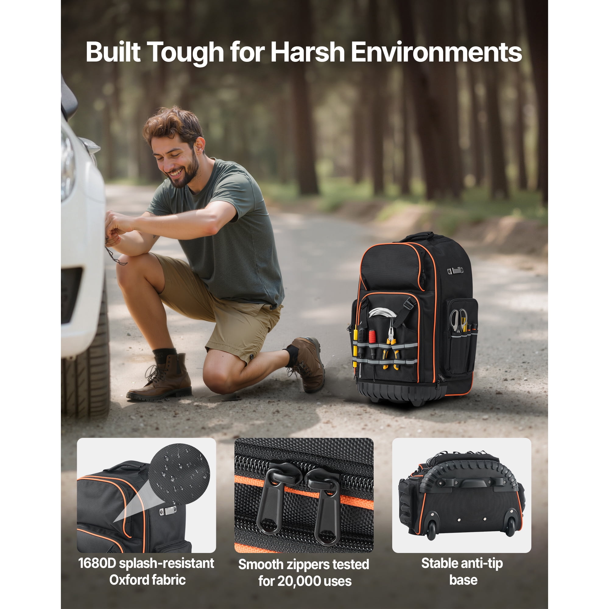 KFFKFF Rolling Tool Backpack with 110 lbs Capacity, 72 Pockets, Heavy-Duty Tool Bag on Wheels, Telescoping Handle & Sturdy Base, Organizer for Construction and Mechanics