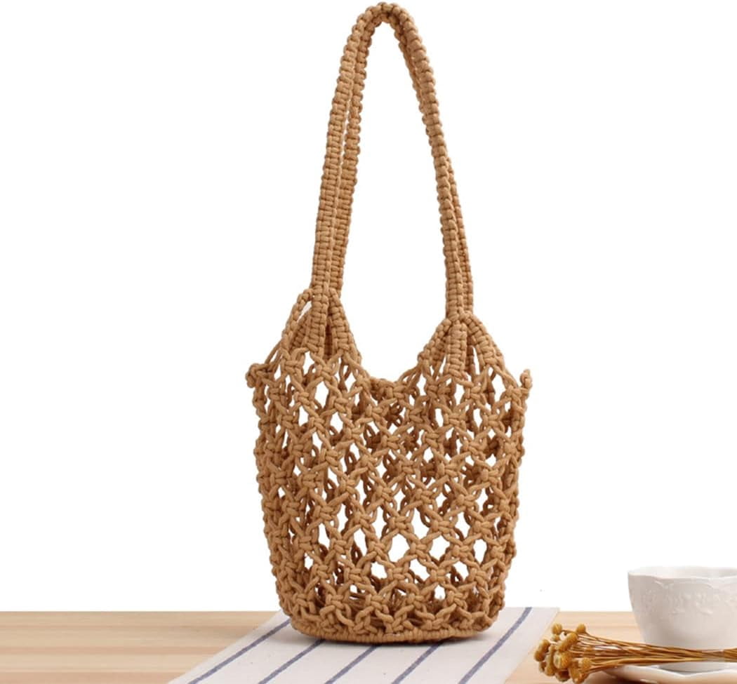 LinYooLi Summer Beach Handbag Hollow Mesh Shoulder Bag Cotton Thread Crochet Fishnet Bag Woven Bag