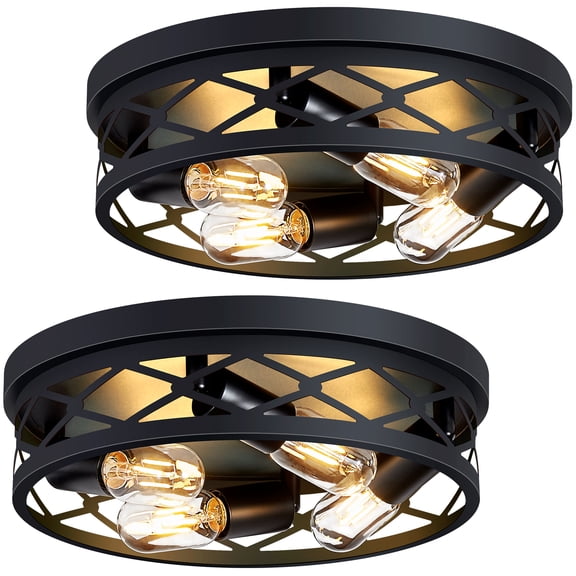 XPEHK 2 Pack 4-Light Matte Black Farmhouse Flush Mount Ceiling Light, Industrial Open Metal Cage Close to Ceiling Light Fixture for Entryway, Hallway, Bedroom