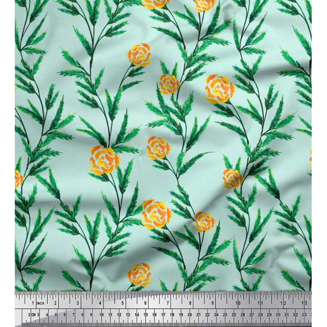 Soimoi Tissu Cambric en Coton Feuilles et Roses, Tissu de Décoration Floral Imprimé au Mètre, 56 Pouces de Large