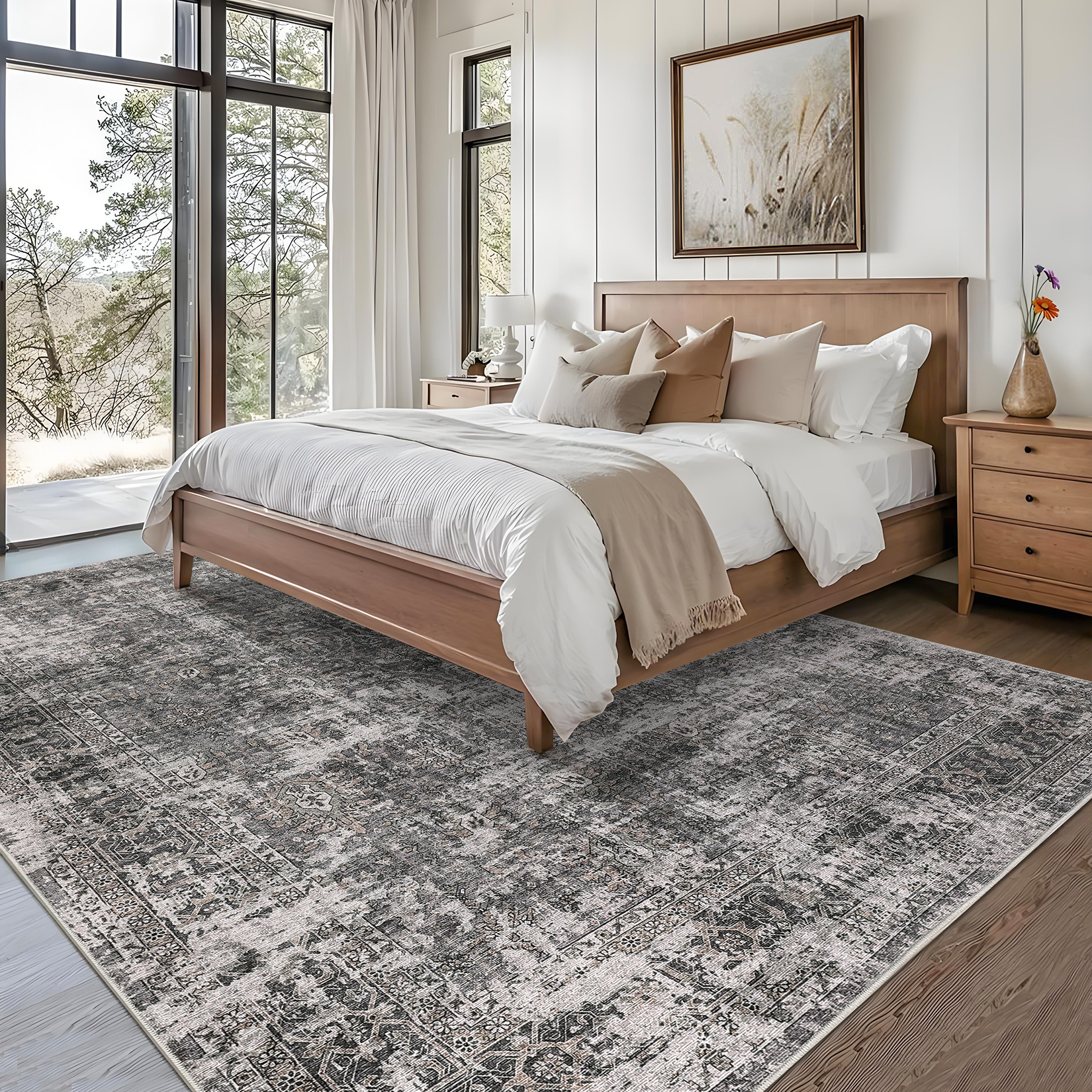 FairOnly 5'x7'Oriental Distressed Area Rug Machine Washable Non Slip Vintage Soft Indoor Floor Cover for Living Room Bedroom Office Study Room,Grey
