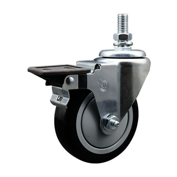 Polyurethane Swivel Threaded Stem Caster w/4" x 1.25" Black Wheel and 1/2" Stem & Posi Locking Brake - 350 lbs Capacity/Caster - Service Caster Brand