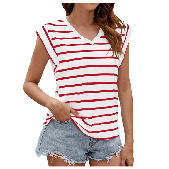 fatyb Women's Striped Tank Tops Cap Sleeve Basic Tee Shirts Casual Summer Loose Tunic Blouses for Women