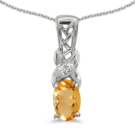 14k White Gold Oval Citrine And Diamond Pendant with 18" Chain