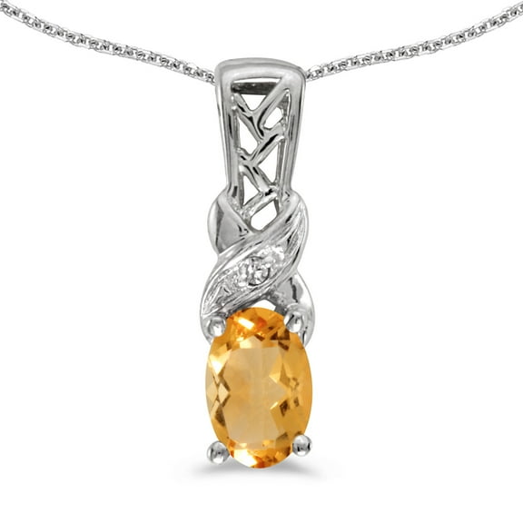 14k White Gold Oval Citrine And Diamond Pendant with 18" Chain