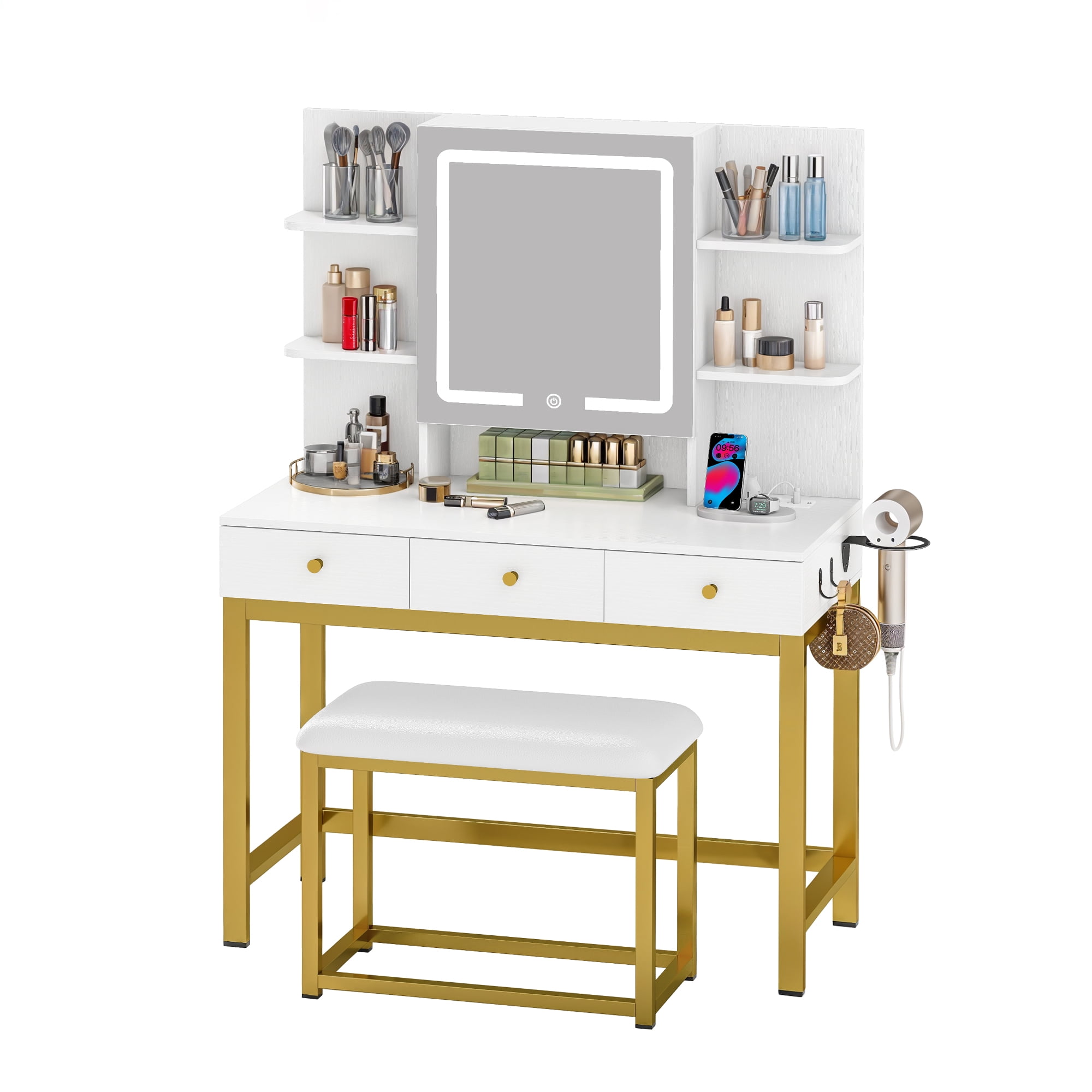 Uforic Vanity Desk Set with Light Mirror & Power Outlet, Makeup Table with Drawers, Adjustable Cabinet/Makeup Vanity Stool for Women, Girls - White