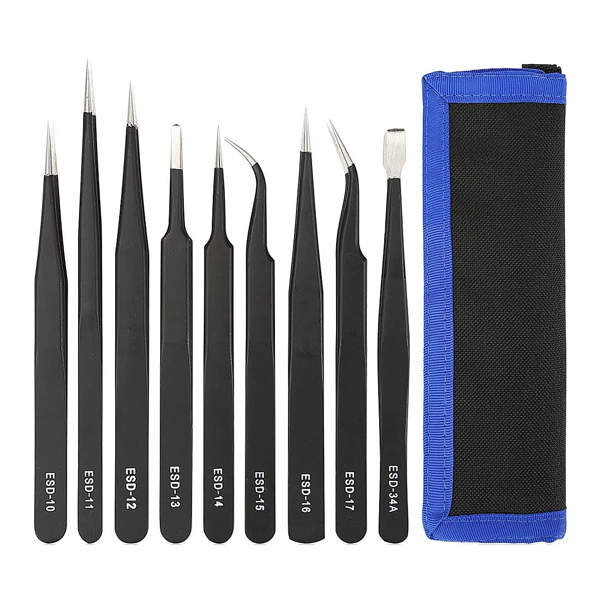 Precision Anti-Static Stainless Steel 9 in 1 Tweezers Kit Set For Electronics/Jewelry-Making/Laboratory Work/Hobbies