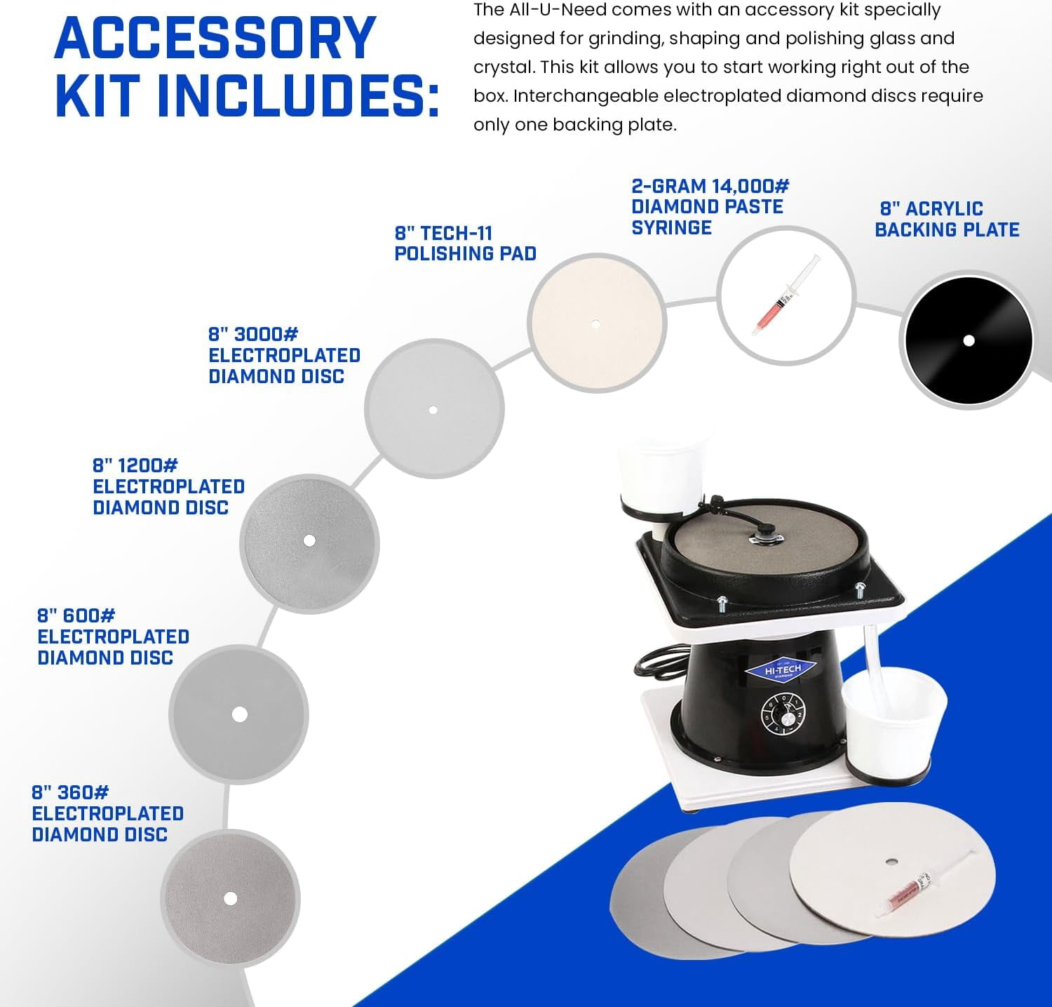 Hi-Tech Diamond 8" All-U-Need | Glass Crystal Grinding Polishing Lap Machine | Includes Accessory Kit
