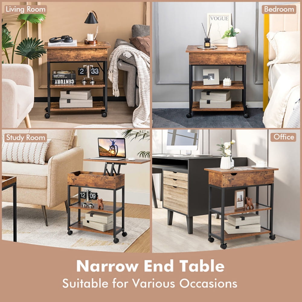 Finihen End Table, Lift Top End Table with Charging Station and Universal Wheels, Sofa Side Table, Bed Side Table, for Living Room, Bedroom, Rustic Brown Finihen End Table, Lift Top End Table with Charging Station and Universal Wheels, Sofa Side Table, Bed Side Table, for Living Room, Bedroom, Rustic Brown