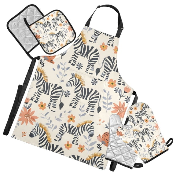 Cute Hand Drawn Zebras 5 Pcs Kitchen Set Heat Resistant Oven Mitts and Non-Slip Pot Holders with Adjustable Cooking Apron