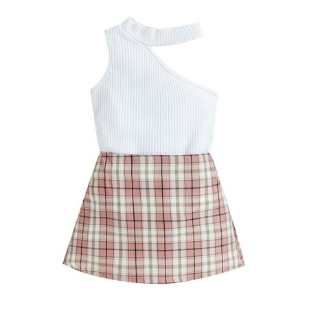 

Amuver Baby Girls 2PCS Skirt Set Sleeveless Plain Ribbed Hollow Shoulder Crew Neck Tees Plaid Short Skirt Summer Outfits