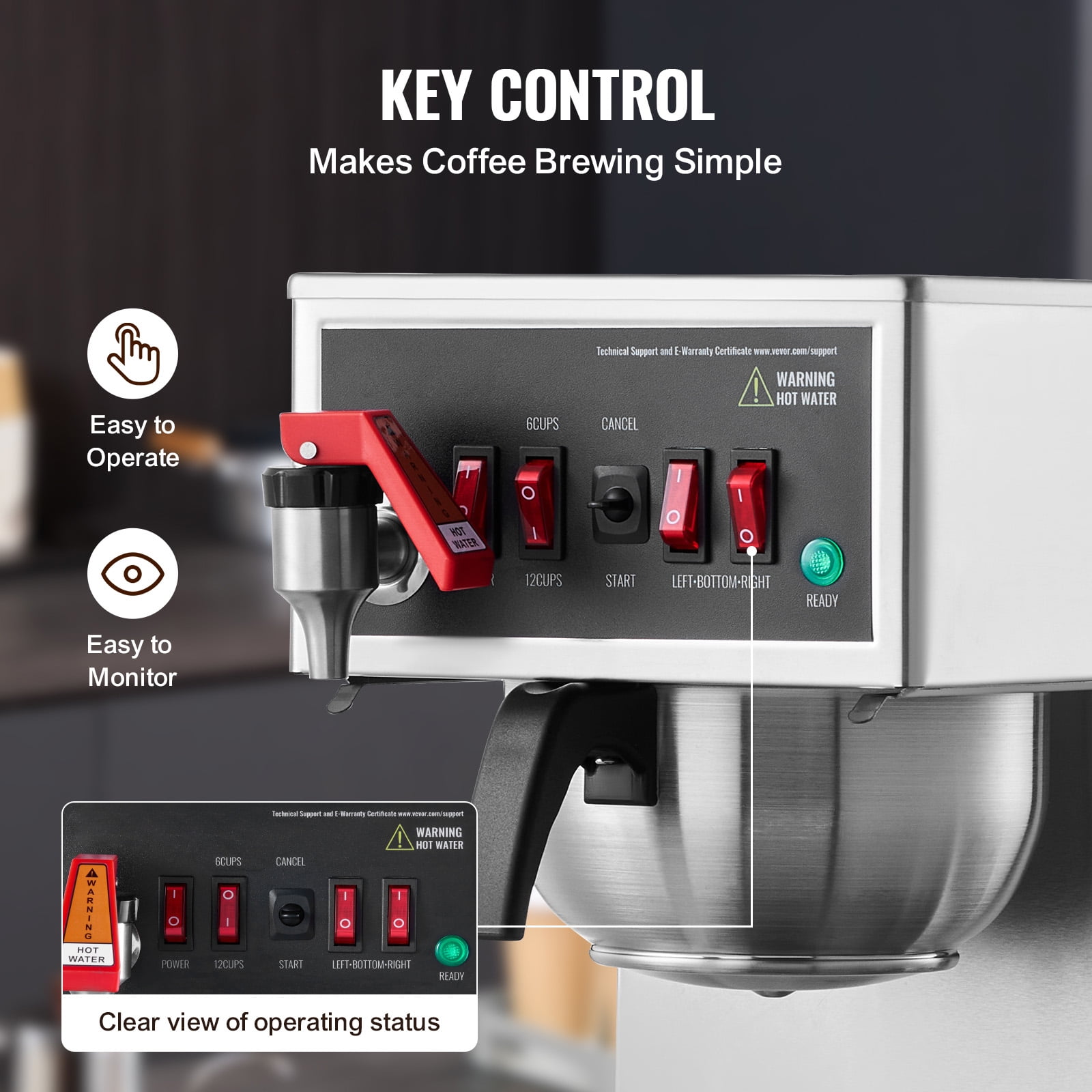KFFKFF 12-Cup Industrial Coffee Brewer, Coffee Making Device with Trio of Glass Jugs and Trio of Heat-Keeping Bases, Metallic Manual Drip Coffee Maker for Eateries, Workplaces, Coffee Shops