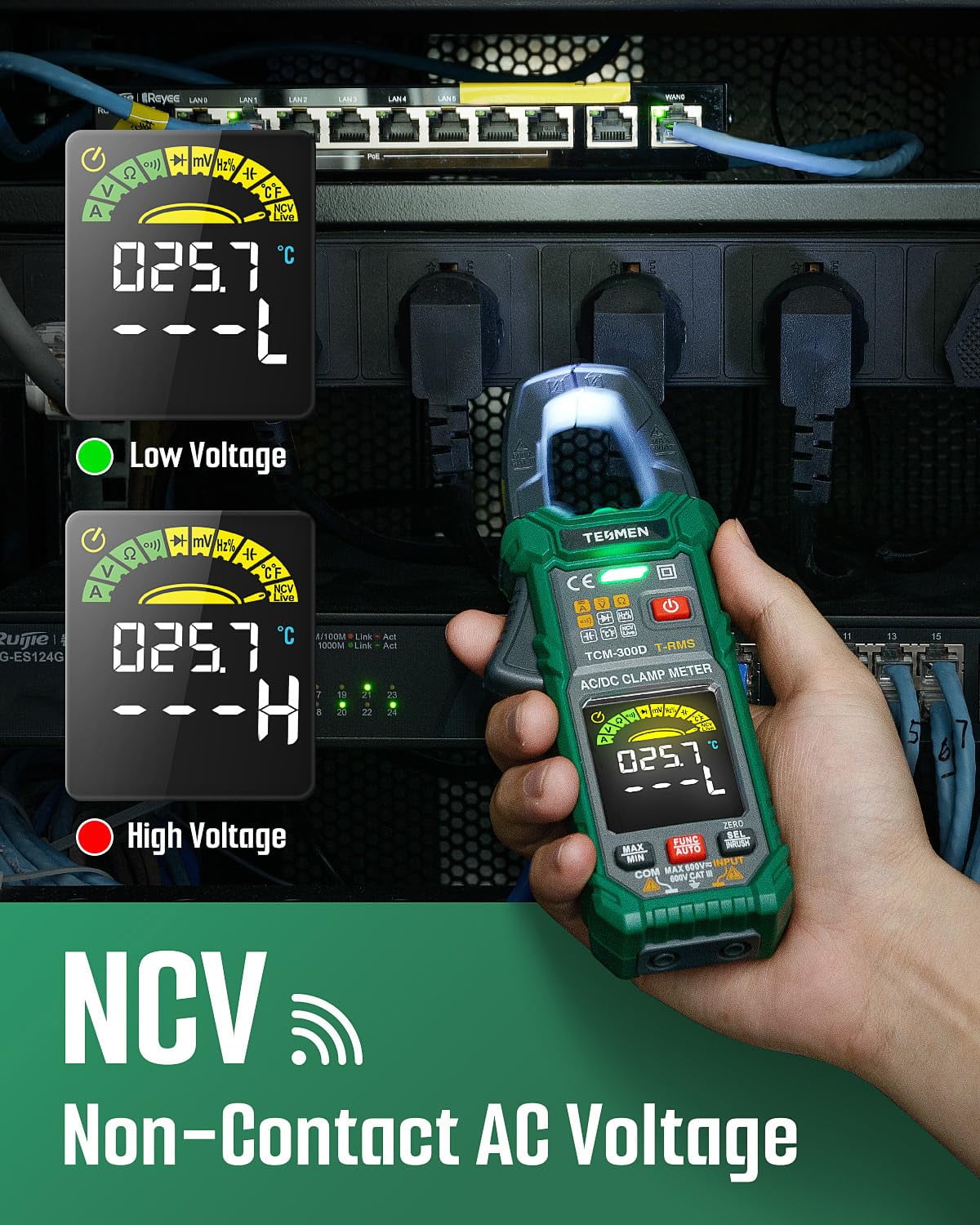 TESMEN TCM-300D TRMS Digital Clamp Meter, Auto-Ranging AC/DC Voltage and Current Tester, Multimeter with Backlit Display & NCV Detection
