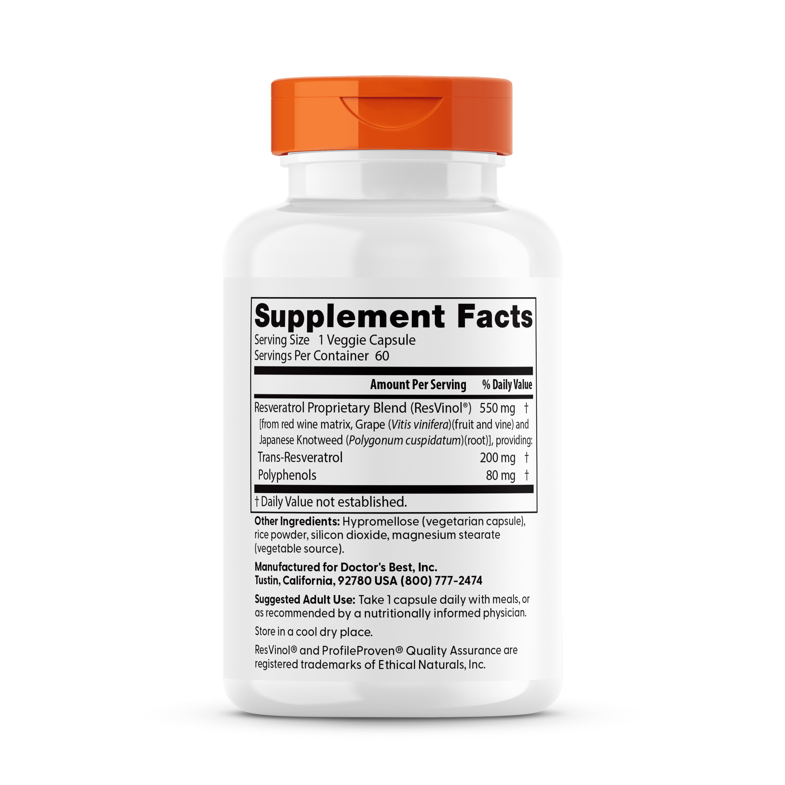Doctor's Best Trans-Resveratrol with ResVinol, Non-GMO, Vegan, Gluten Free, Soy Free, 200 mg, 60 Veggie Caps