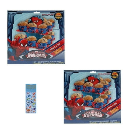 Spiderman Birthday Party Supplies Bundle includes 2 Set of Snack or Cupcake Stands and 1 Dinosaur Sticker Sheet