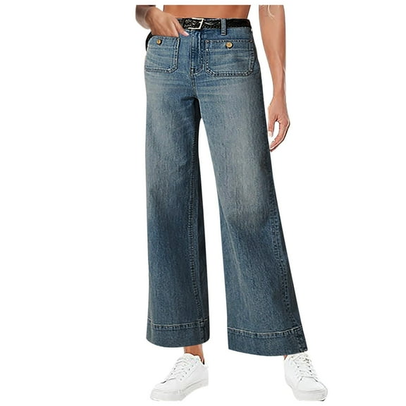 vigerkar Women Straight Wide Leg Jeans Retro Low Waisted Button Fly Stretchy Denim Pants Casual Long Trousers Blue, S