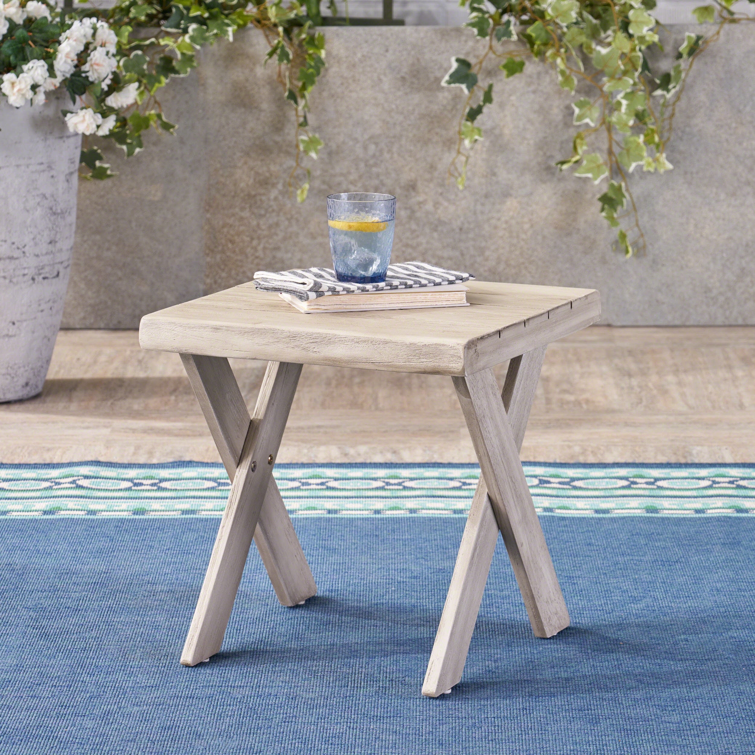 Elijah Outdoor Acacia Wood Side Table, Light Grey