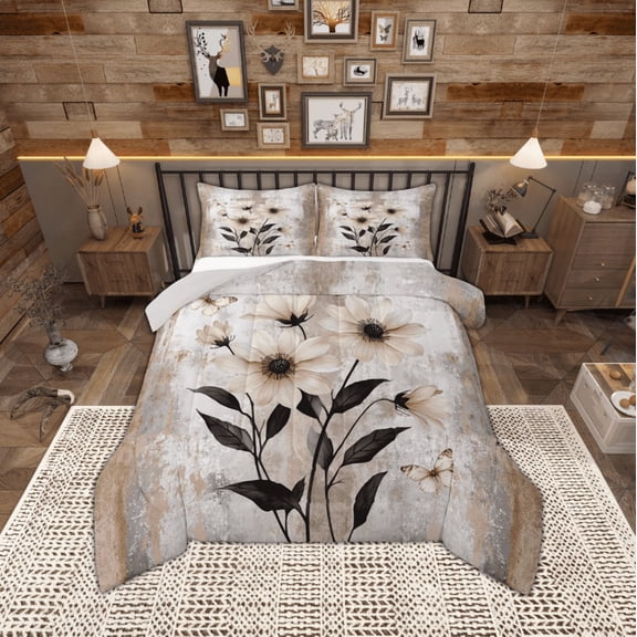 jejeloiu Watercolor Flowers Full Size Comforter Sets,Country Butterfly Bedding Comforter Set,Brown White Ombre Bedding Sets For Girls,Breathable Home Decor Reversible,3 Pieces