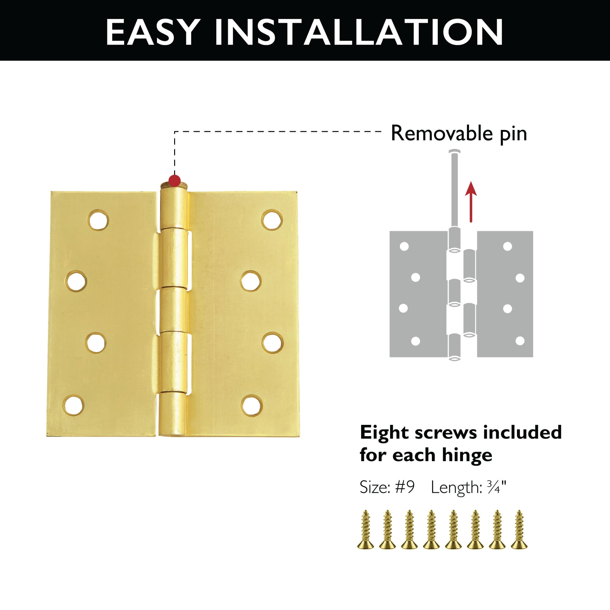 Design House 3-Pack 4" x .125" x 4" Square Butterfly Interior/Exterior Door Hinges, Satin Brass