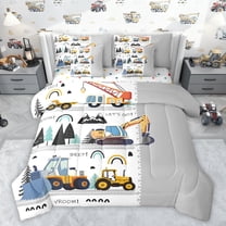 jejeloiu Modern Bulldozer Crane 7-Piece Twin Bedding Sets,Construction Vehicles Excavator Bedding Comforter Set,Gray White Yellow Sheet Sets For Boys Teens,Microfiber Bedroom Decor Reversible