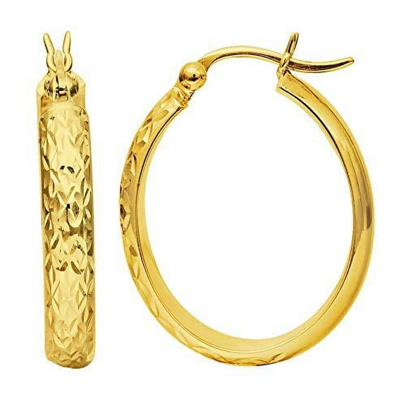 Jewelstop 10K Yellow Gold Shiny Oval Diamond Cut Sparkle Hoop Earrings - 4mm, 1.7gr.