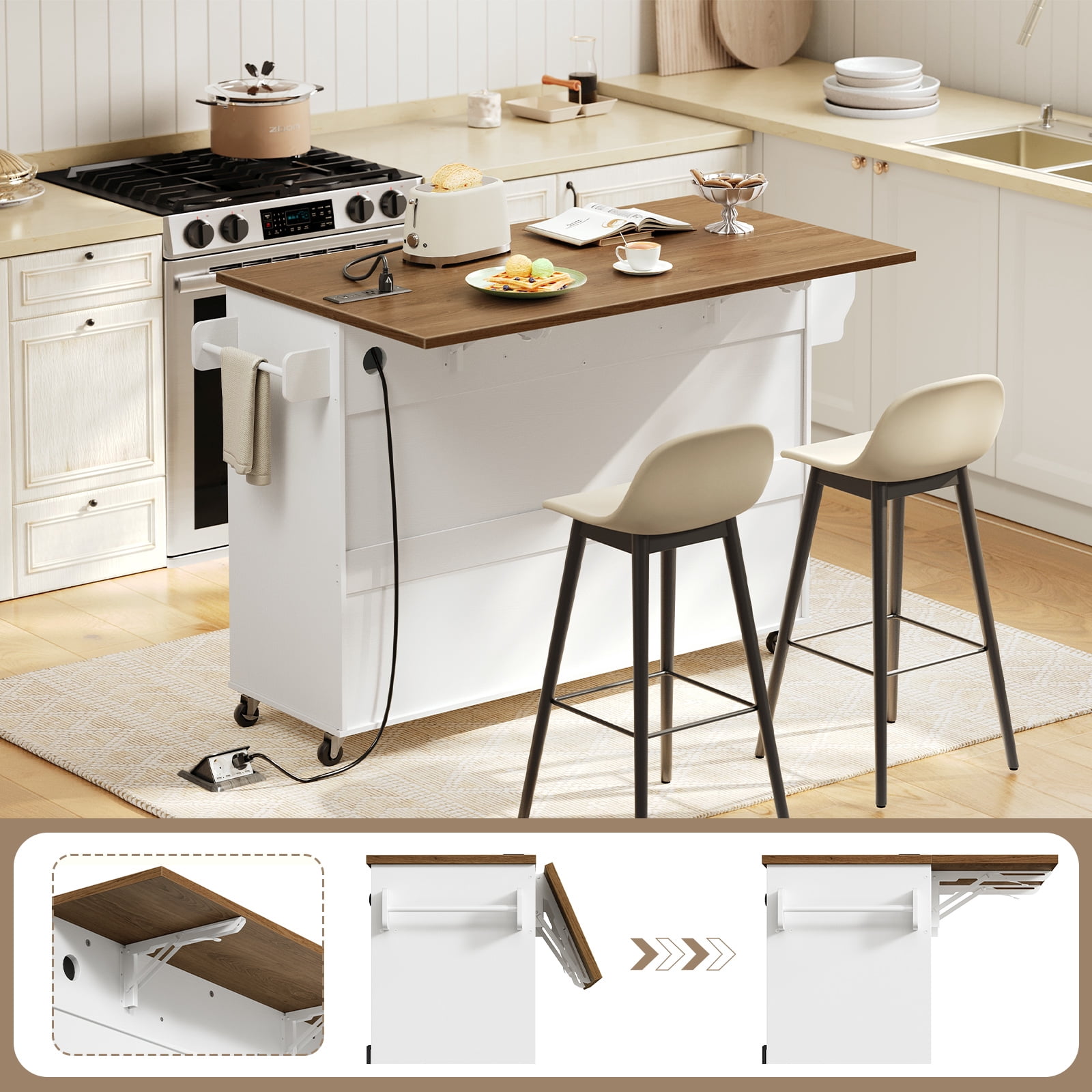 Kitchen Island with Drop Leaf, Rolling Kitchen Island with Storage and Power Outlet, Kitchen Cart with 3 Drawers and Adjustable Shelves, Towel and Spice Rack, White and Walnut