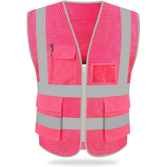HYCOPROT High Visibility Mesh Safety Reflective Vest with Pockets and Zipper, Meets ANSI/ISEA Standards Pink Small