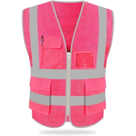 HYCOPROT High Visibility Mesh Safety Reflective Vest with Pockets and Zipper, Meets ANSI/ISEA Standards Pink Small