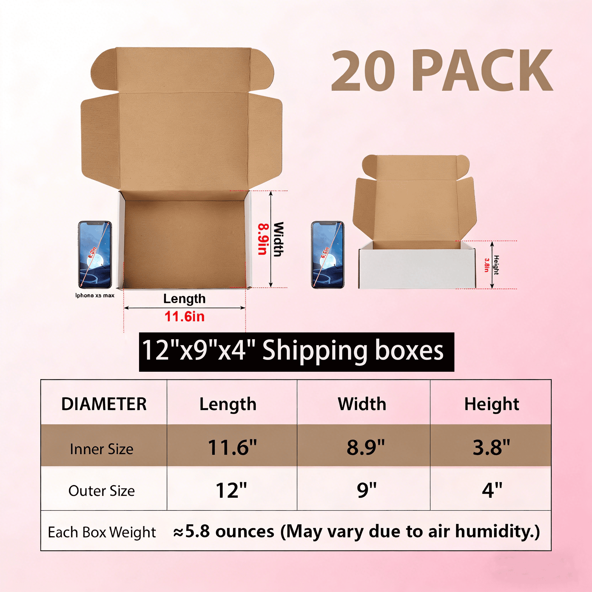 20 Pack 12x9x4 Shipping Boxes, 10 Pack White and 10 Pack Brown Corrugated Cardboard Box for Mailing, Packaging, Small Business