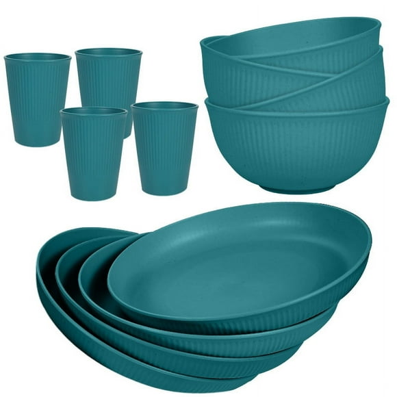 XmhyTop-A 12-Piece Dinner Plate Set - Dinnerware Sets for Family Meals, Kitchen Dishes Set with Wheat Straw Material, Service for 4,Dark Green