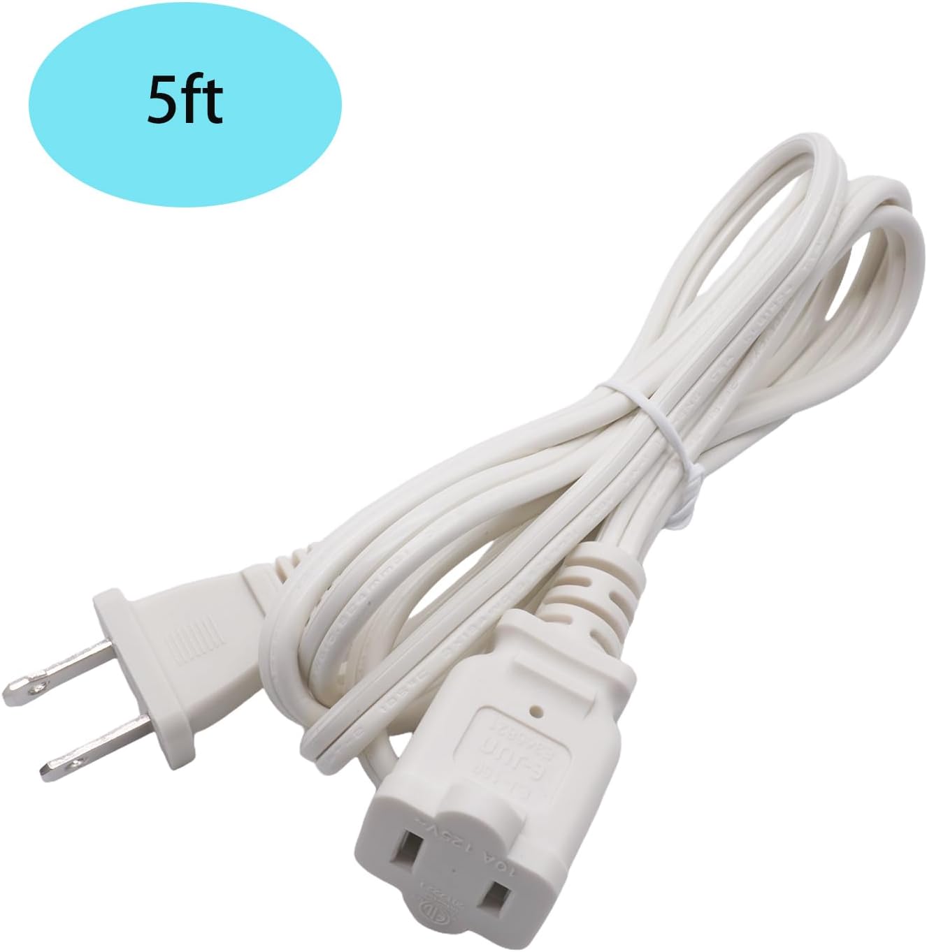 10 FT Polarized 2 Prong Power Cord, 2 Outlet Extension Cable Cord US AC Two Prong Male Female Power Cable, Nema 1-15P to 1-15R, 10A 125V, White Indoor Extension Cord for Small Appliances