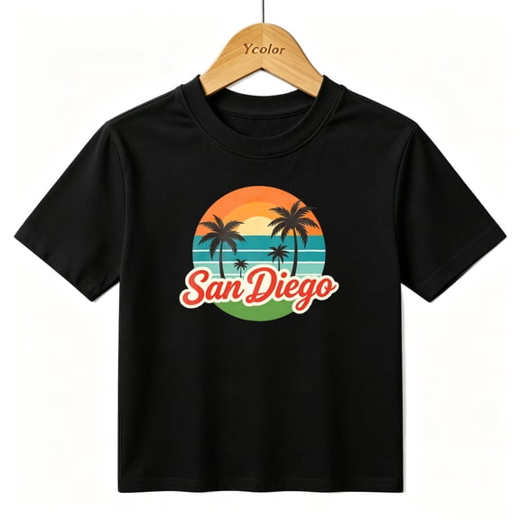 Boys Graphic T-Shirt San Diego Beach Sunset Retro Summer Kids Tees 100% Cotton Short Sleeve Tops Ages 4-13Y