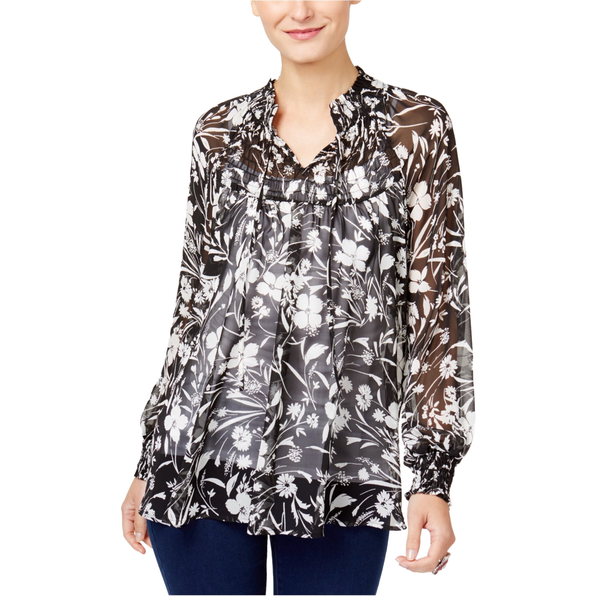 Style & Co. Womens Floral Knit Blouse, Black, Large
