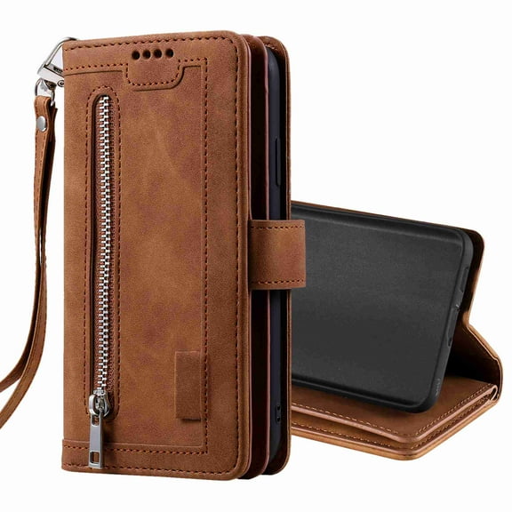 Dteck 9 Card Slots Wallet Case for Samsung Galaxy S21 Ultra,Hybrid Magnetic PU Leather Zipper Kicstand Shockproof Rubber Full Protector Cover with Strap, brown