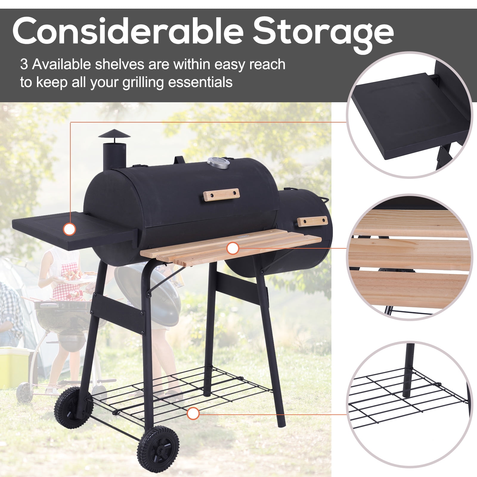 48" Portable Steel Charcoal BBQ Grill & Offset Smoker Combo with Wheels for Backyard