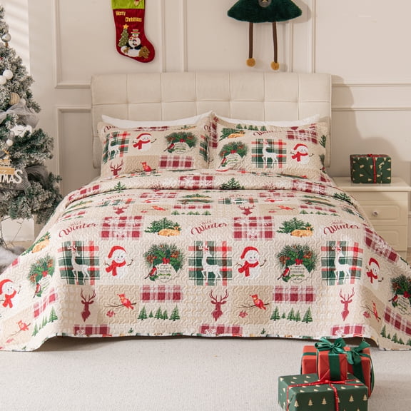 3-Piece Christmas Quilt Set Queen/Full Size Cozy Xmas Snowman Reindeer elk Bedding Sets Soft Christmas Tree Bedspread, Holiday Santa Quilt Coverlets Set with 2 Pillow Shams,Beige Red