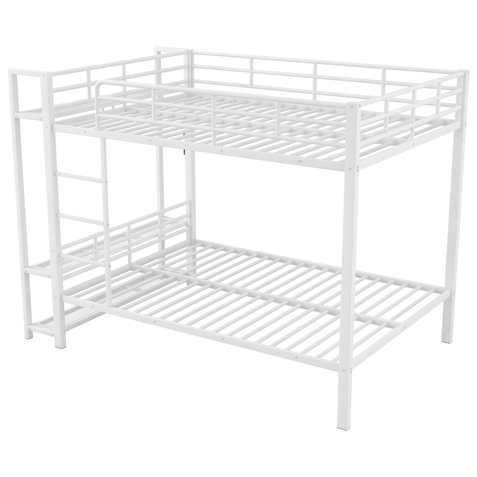Euroco Metal Full over Full Bunk Bed wih Storage Shelves, Clothes Habnger and LED Light for Kids Teens Room, White