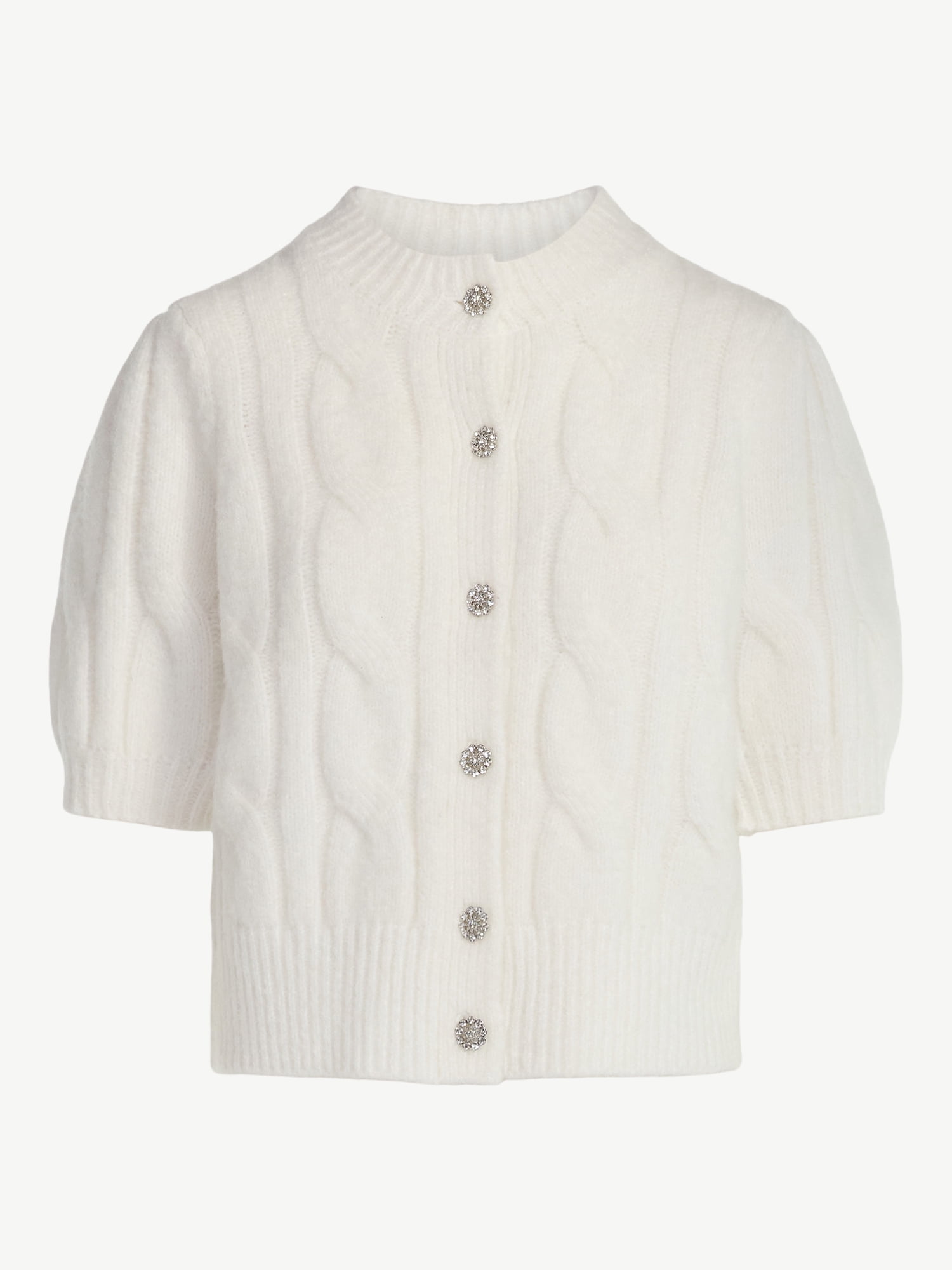 Free Assembly Women's and Women's Plus Cable Cardigan with Short Puff Sleeves, Sizes XS-4X