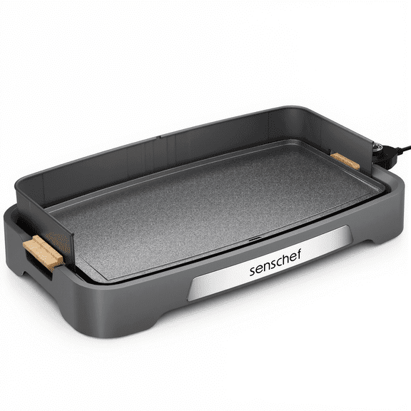 SENSCHEF Cleansnap Everyday 20 inch Electric Griddle, 1700W Rapid Heating, Foldable Anti-Mess Shield, ILAG Nonstick, Dishwasher Safe, Wooden Black