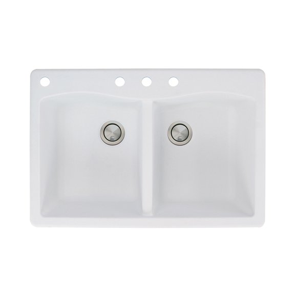 Transolid Aversa 33in x 22in silQ Granite Drop-in Double Bowl Kitchen Sink with 4 CABD Faucet Holes, In White