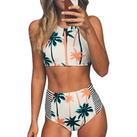 Crop Bikini Swimsuit Womens Floral Bikini Set Push-up Padded Bra High Waist Crop Top Tank Bathing Swimsuit Beachwear ()