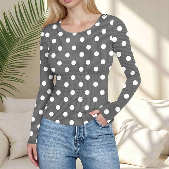 Women's Long Sleeve Shirts Polka Dots Printed Slim Tight Fitting Tops Bottoming Stretch Shirts Crew Neck Ribbed Base Layer Soft Tee Shirt