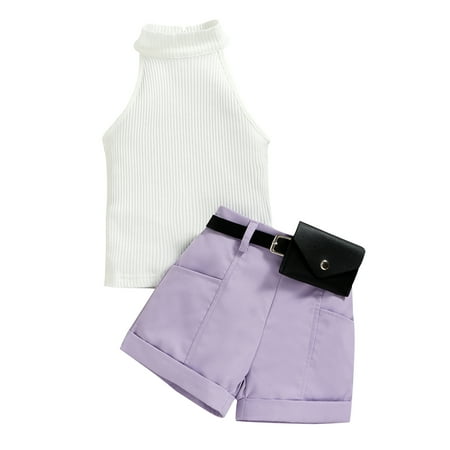 

Toddler Baby Halterneck Sleeveless Rib Knit Top+Belted Short Pants Kids Girls 2pcs Set Casual Outfits
