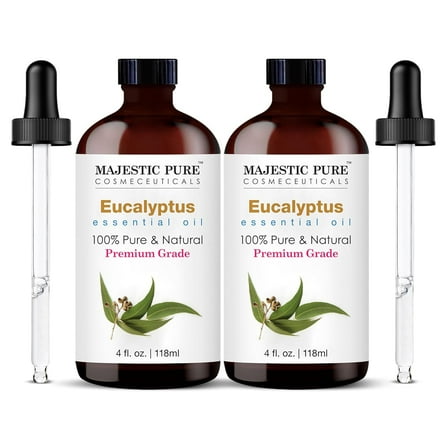 Majestic Pure Eucalyptus Essential Oil with Glass Dropper - 4 Fl Oz Pack of 2-100% Pure and Natural Eucalyptus Oil - Premium Grade Essential Oils for Diffuser, Aromatherapy, Soap and Candle Making