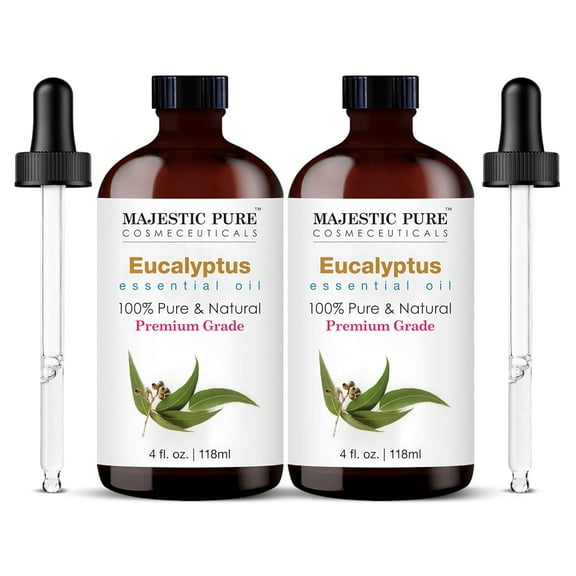 Majestic Pure Eucalyptus Essential Oil with Glass Dropper - 4 Fl Oz Pack of 2-100% Pure and Natural Eucalyptus Oil - Premium Grade Essential Oils for Diffuser, Aromatherapy, Soap and Candle Making