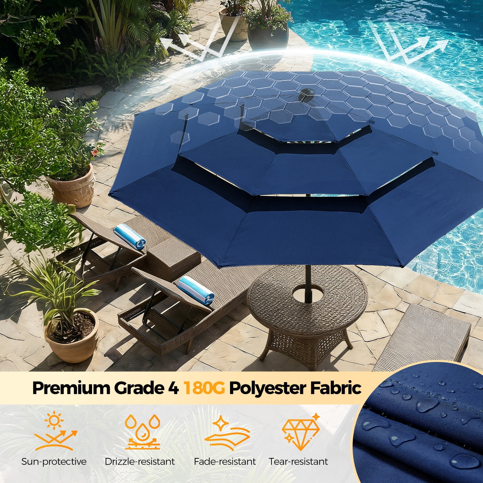 Patbrela 9ft 3-Tier Solar Patio Umbrella with LED Lights, Tilt Adjustment Outdoor Umbrella, Market Sun Shade for Beach, Backyard, Deck, Poolside, Navy
