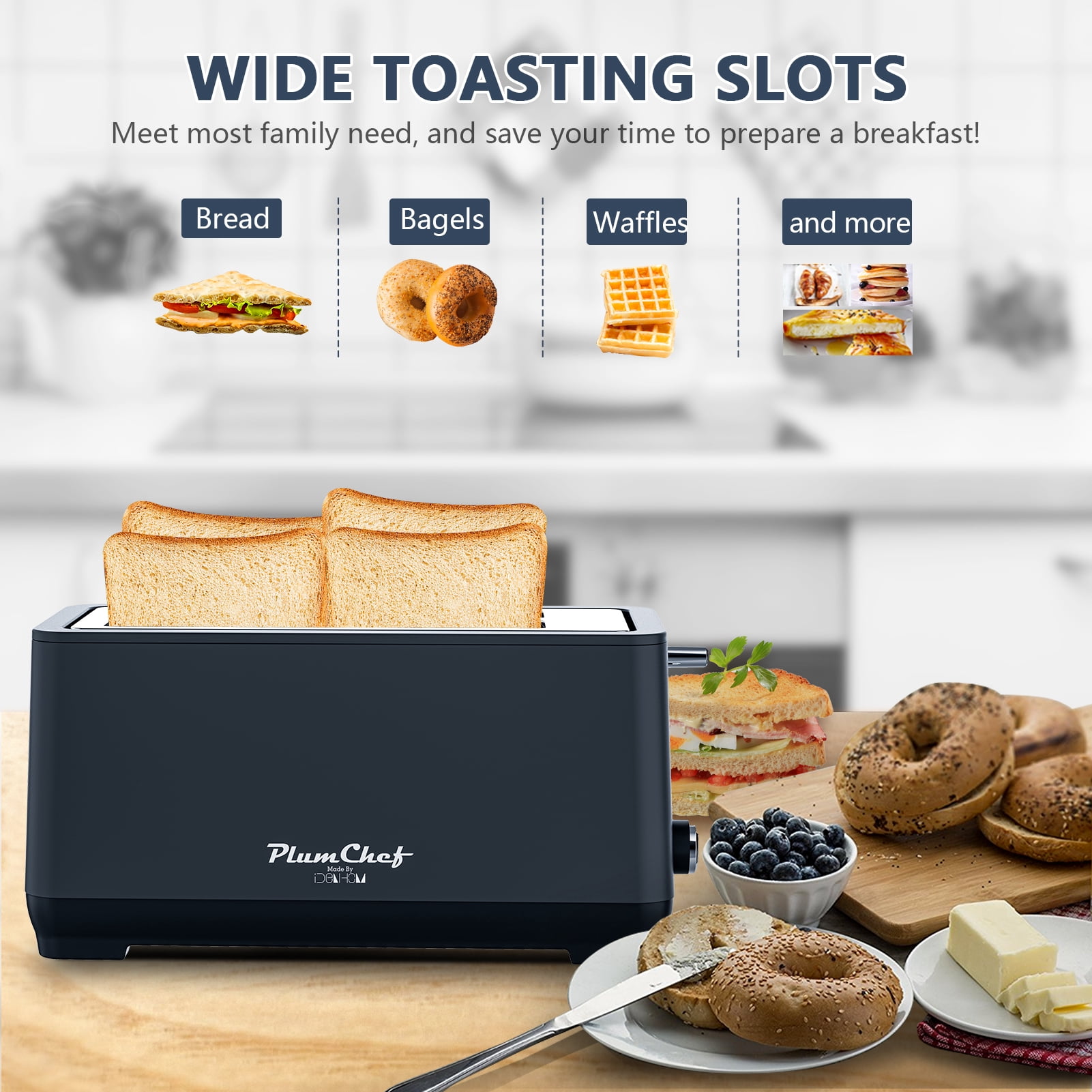 4-Slice Toaster, Extra Wide Long Slot Toaster with Warming Rack, 6 Browning Settings, Bagel/Defrost/Reheat Functions, Removable Crumb Tray, Stainless Steel Housing 1500W, Matte Blue