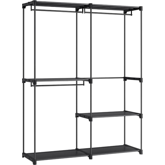 Songmics black home wardrobe featuring open shelving and dual hanging spaces for clothes organization.