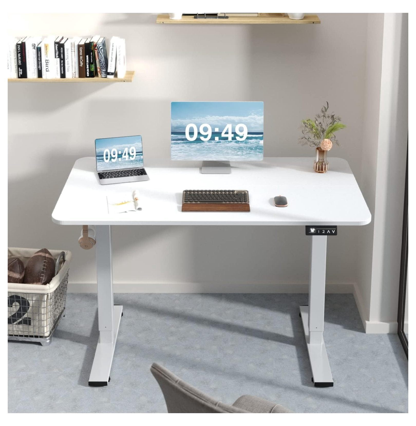 WDZS Electric Height Adjustable Standing Desk Large 48 x 24 Inches Sit Stand up Desk Home Office Computer Desk Memory Preset with T-Shaped Metal Bracket, White